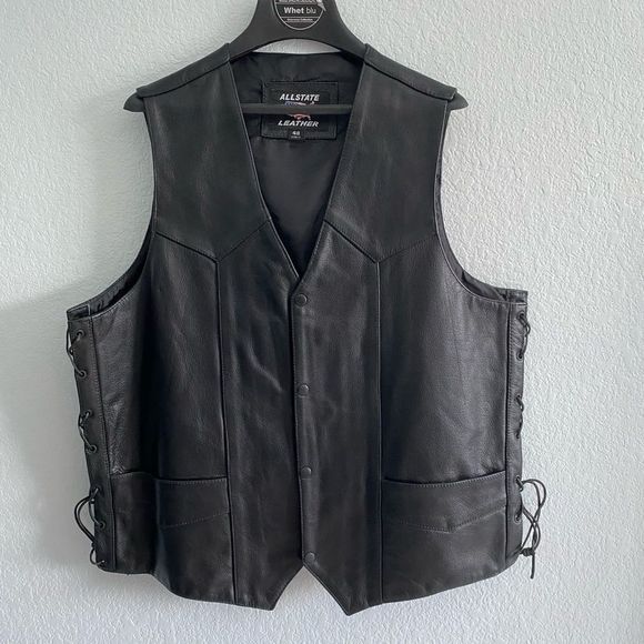 Allstate Black Leather Motorcycle Vest Men’s 48 - Picture 1 of 7